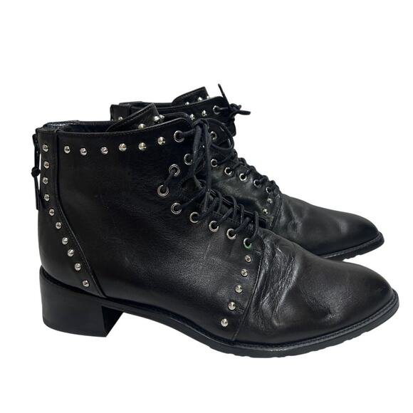 Stuart Weitzman Lashease Blk Leather Studded Ankle Boots 8.5 Lace Up Moto Grunge - Picture 1 of 10